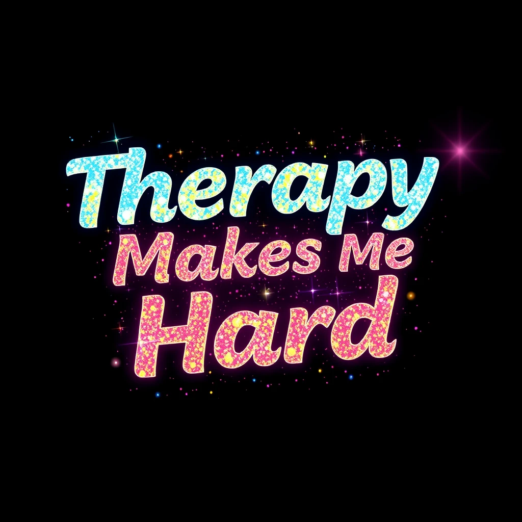 T-shirt design of fantastic vibrant glittery but ethereal text that says "Therapy Makes Me Hard".