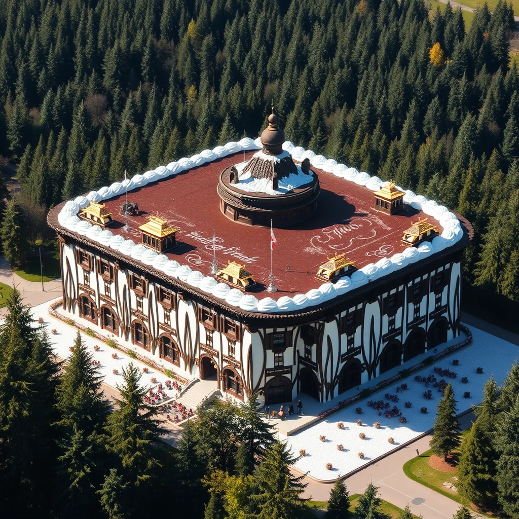 The world's largest black forest cake, the size of a building, surrounded by trees of the black forest