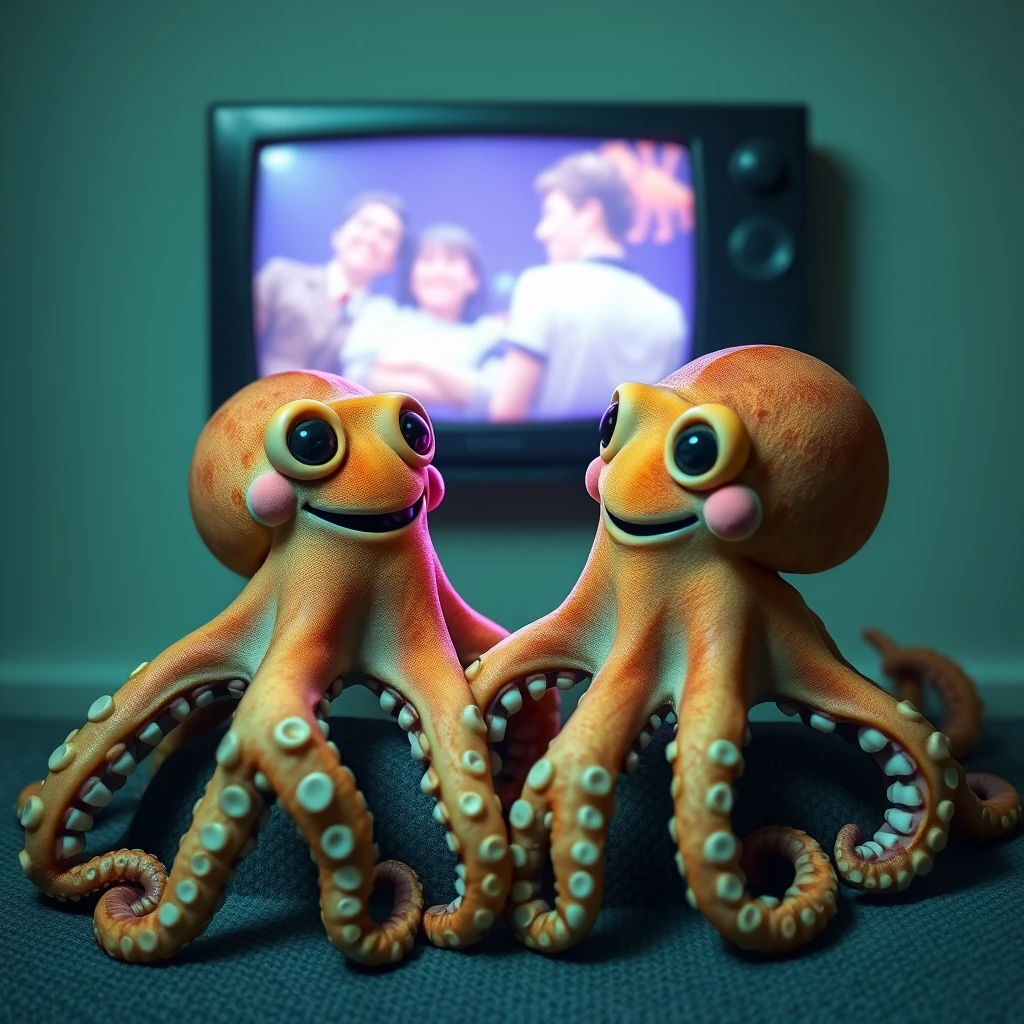 Two octopuses smiling at a TV.