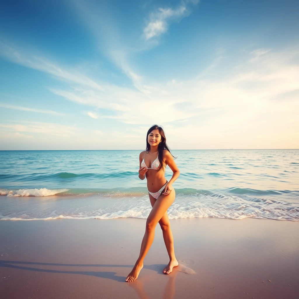 A beautiful nude Thai woman standing on a beach. - Image