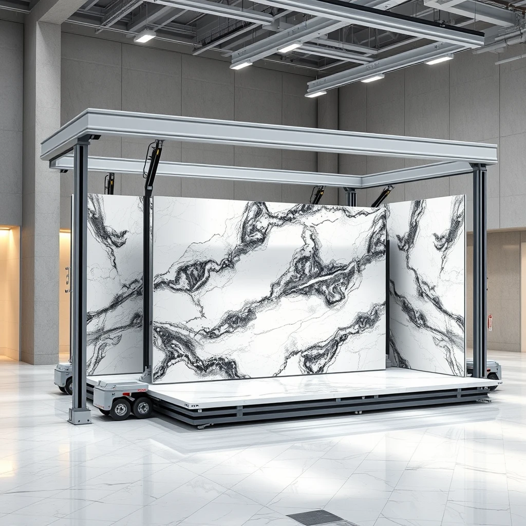 Please demonstrate an animation of a smart, stylish automated display system capable of holding large 4-meter-sized polished marble panels. The marble panels should be transported to the display area using a combination of overhead rails and automated guided vehicles (AGVs), automatically arranging themselves into an L-shaped bookmatch format with a horizontal fold line upon arrival. - Image