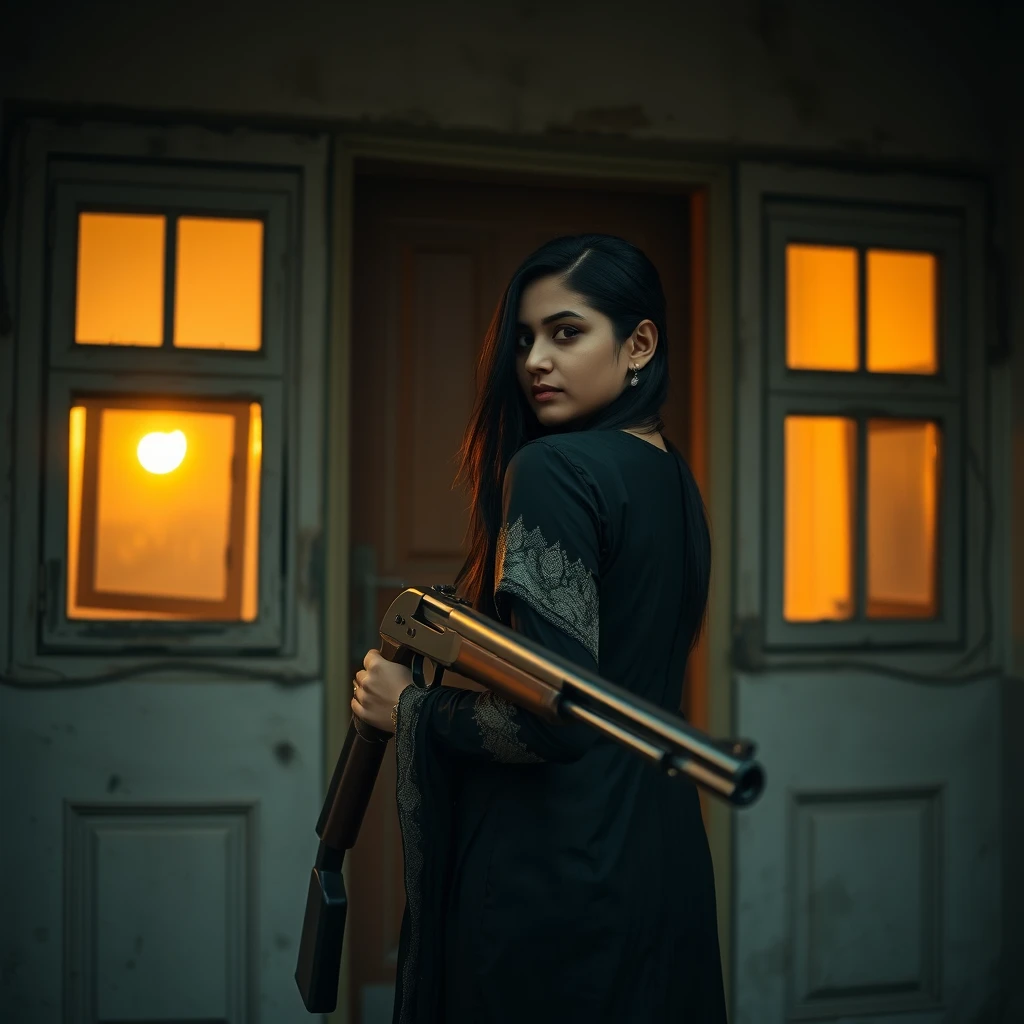 A woman dressed in a black salwar kameez is looking over her shoulder at the camera while holding a shotgun, standing in front of the door of a rundown hotel. The windows are illuminated from inside during the golden hour in Dhaka, Bangladesh. 4k video --ar 4:3 --s 800 --v 6.0