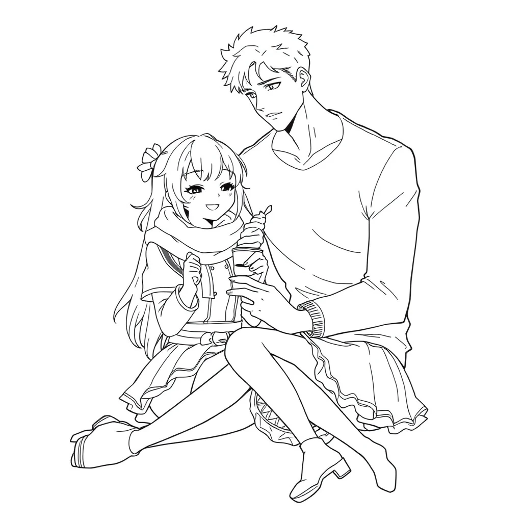 The boy was sitting and gently feeding his girlfriend a cup of ice cream, and the girl was wearing a lovely outfit and looked happy. The boy is tall and handsome. Anime line art.