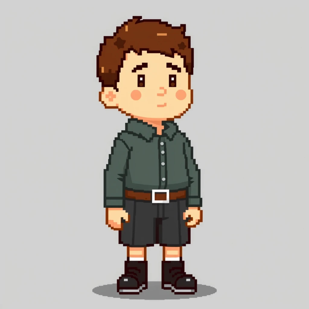 Soviet schoolboy in pixel art style full body, brown hair, without any hat.