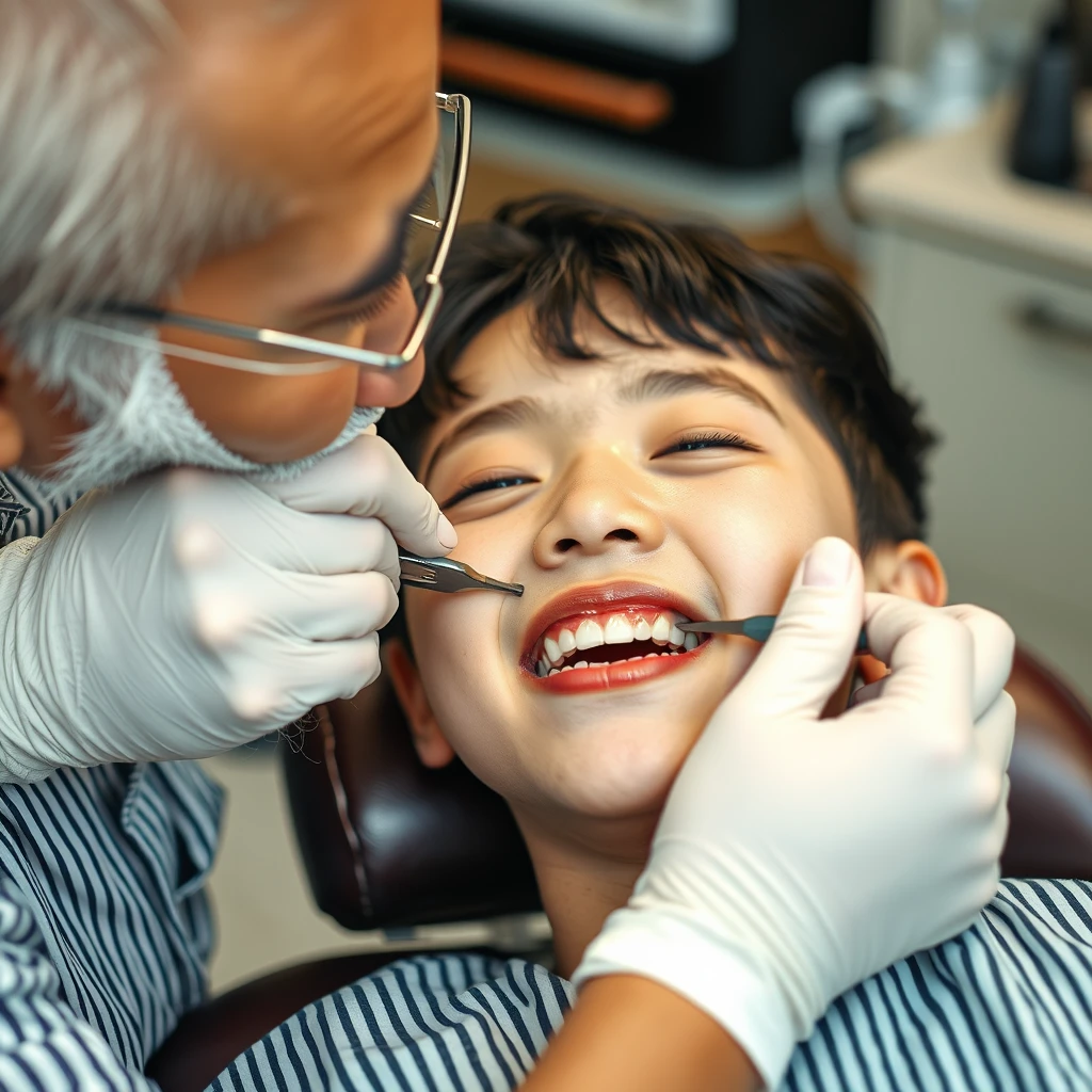 Portrait, facial shot, an elderly barber is checking the teeth of a 12-year-old Korean girly feminine boy in makeup lying on a barber chair.