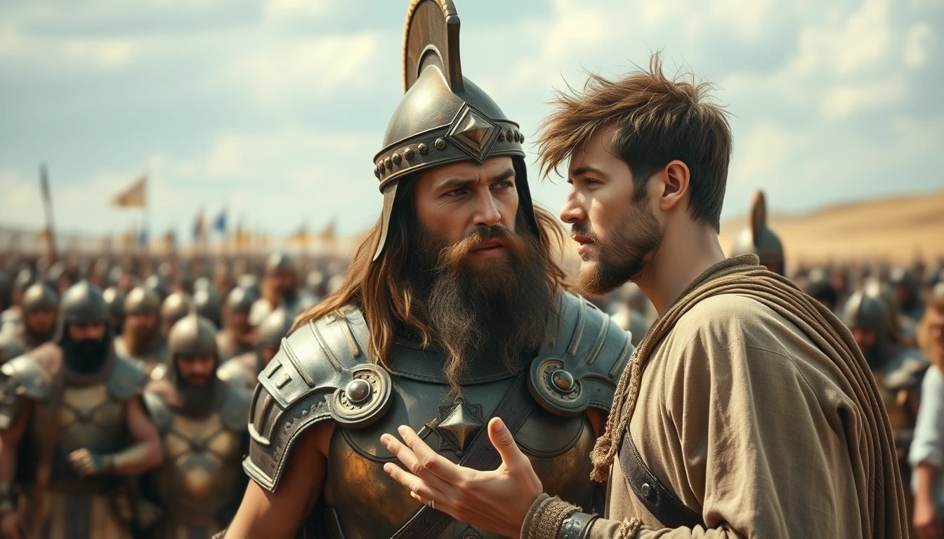 Create an image of two men arguing while onlookers crowd around. The man on the right is a young man with messy unkempt hair and a short beard who is wearing just a simple biblical-era shepherd’s tunic. The young man's face looks troubled and he is looking intently into the eyes of the man he is arguing with, gesturing with his right hand, palm facing skyward, as if he is explaining something to a middle-aged Mesopotamian king, who is clad in a full suit of bronze-age Mesopotamian armor, including a conical helmet with a pointed tip. The armor consists of layers of laminated strips of bronze. The background shows a blurred crowd of soldiers also wearing armor similar to that of the king. Further in the background, on the horizon stands a blurred gathering of a large biblical-era army. - Image