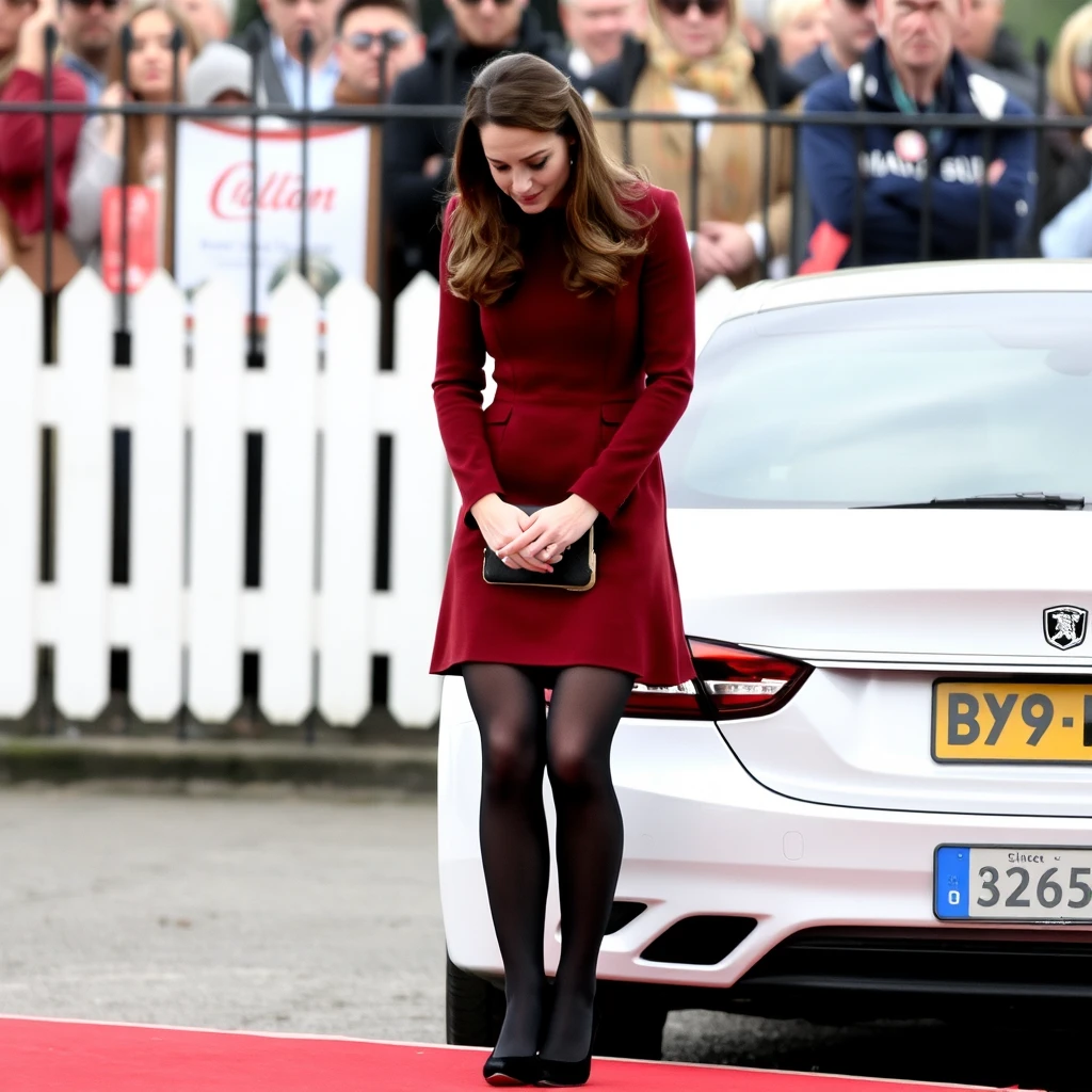 Kate Middleton wearing tights looking sad, showing off legs. - Image