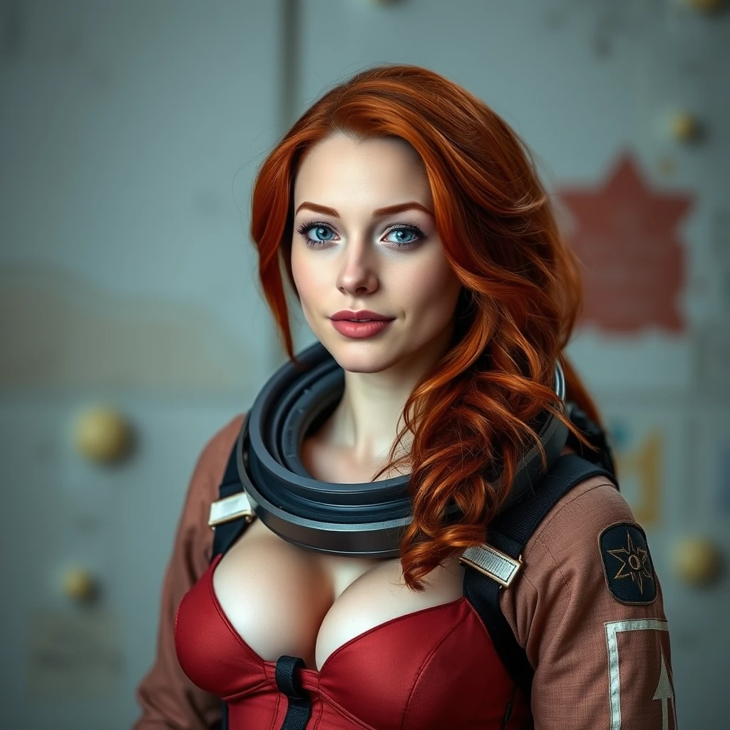 Young woman with red hair in a space suit, very fit and showing cleavage.