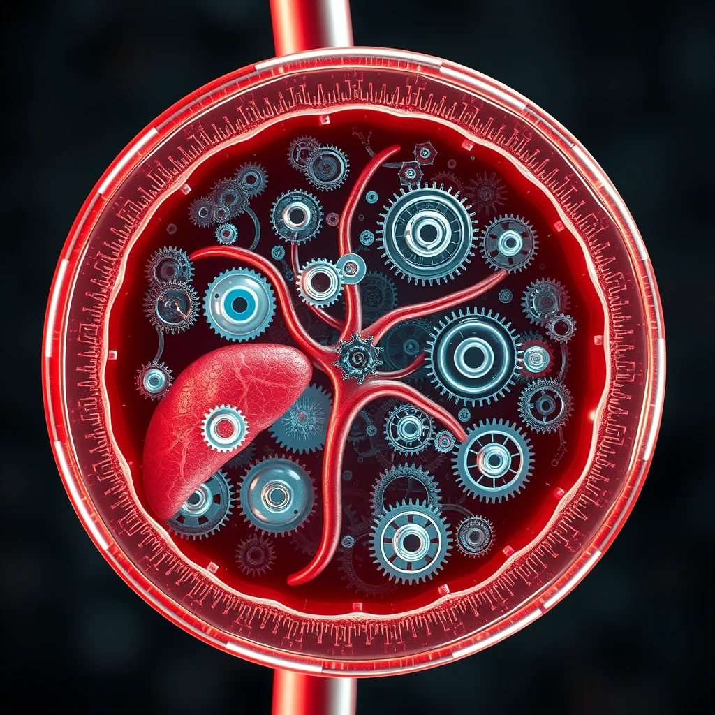 A human liver cell showing the internals including the main organelles, however each organelle is represented as a mechanical machine with a large number of small interconnected cogs and gears. - Image