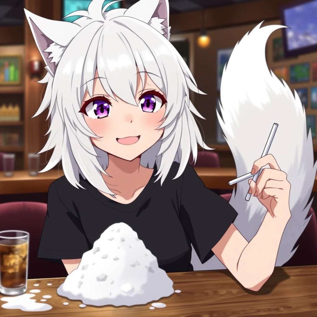 anime woman with fluffy wolf ears and a fluffy tail, white messy medium hair, purple eyes, wearing a black t-shirt, sitting at the table in a bar. On the table is one tiny mountain of snow. The girl looks with a big crazy smile at the snow and has a straw in her right hand.