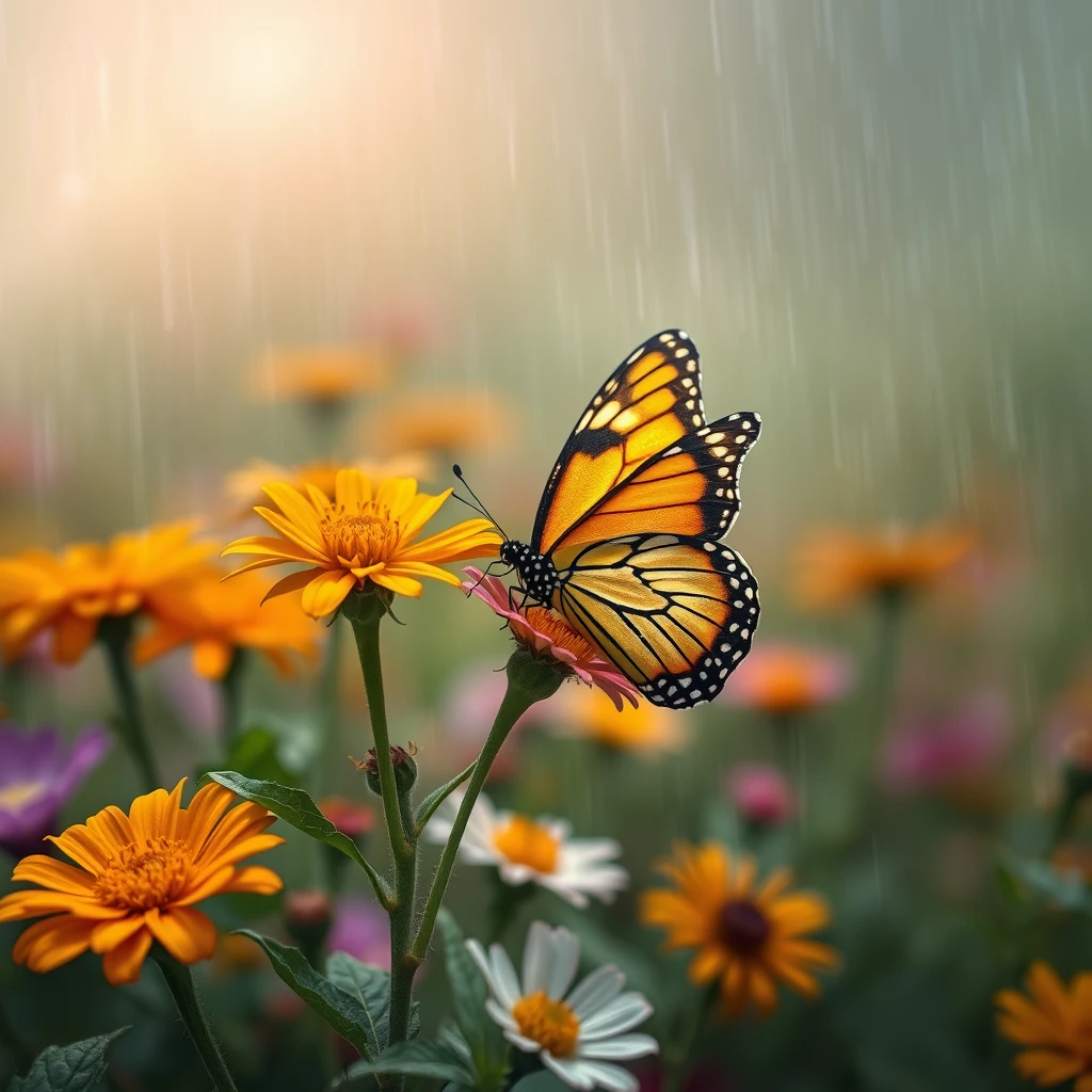 a butterfly in the flowers , and the rain is coming