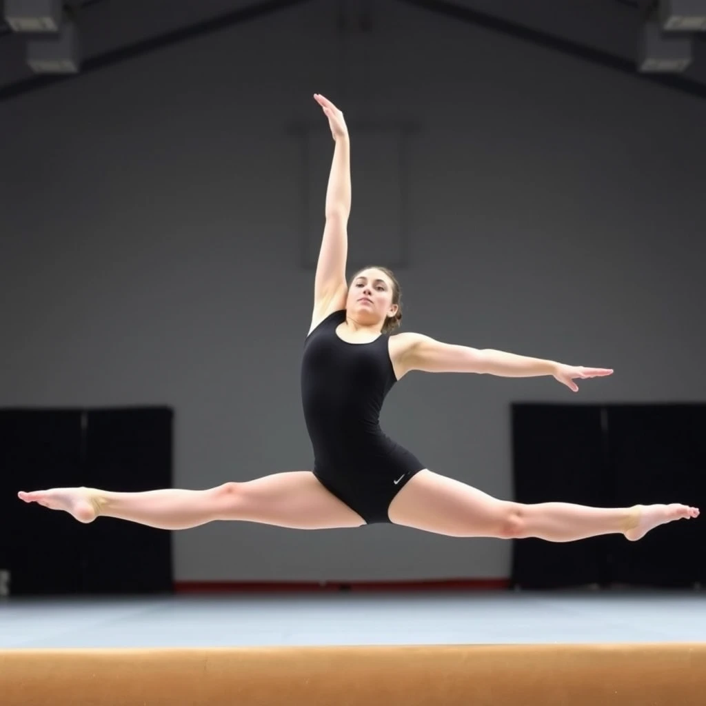 Women doing splits on the balance beam, looking straight ahead. - Image