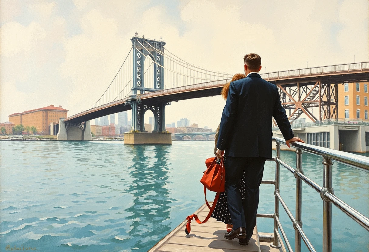 Man and woman on a bridge, highly detailed, oil on canvas.