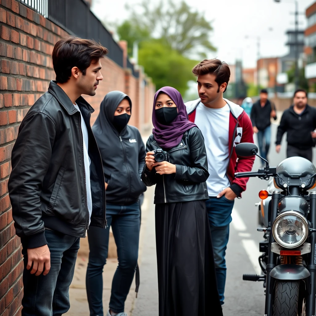 Jamie Dornan and Freddie Prinze, head and body shot, handsome, young, serious face, dark brown hair, white t-shirt, college jacket, skinny jeans, sneakers, standing, discussing with two guys and a Muslim girl wearing a short purple hijab, beautiful eyes, black face mask, black leather jacket, longest black leather skirt, holding a Canon DSLR camera, near a town road, superbike, hyper realistic, street photography, brick wall, full body photo, three other random friends in the background.