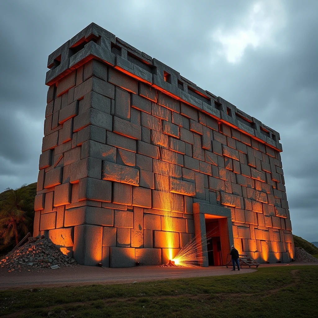 "Inca megalithic wall being built using electrical discharge machining."