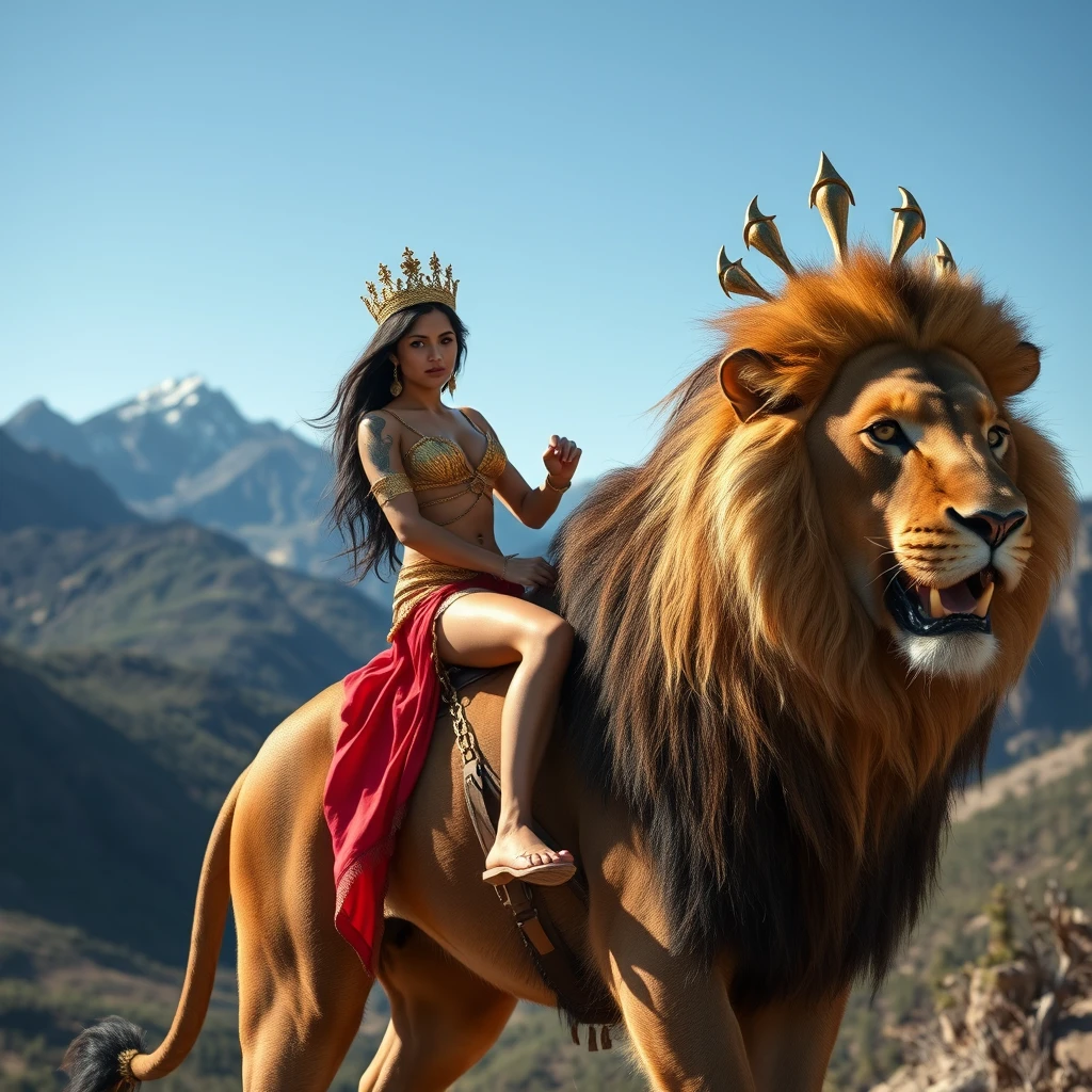 Sexy looking youthful goddess riding on lion in mountains. - Image