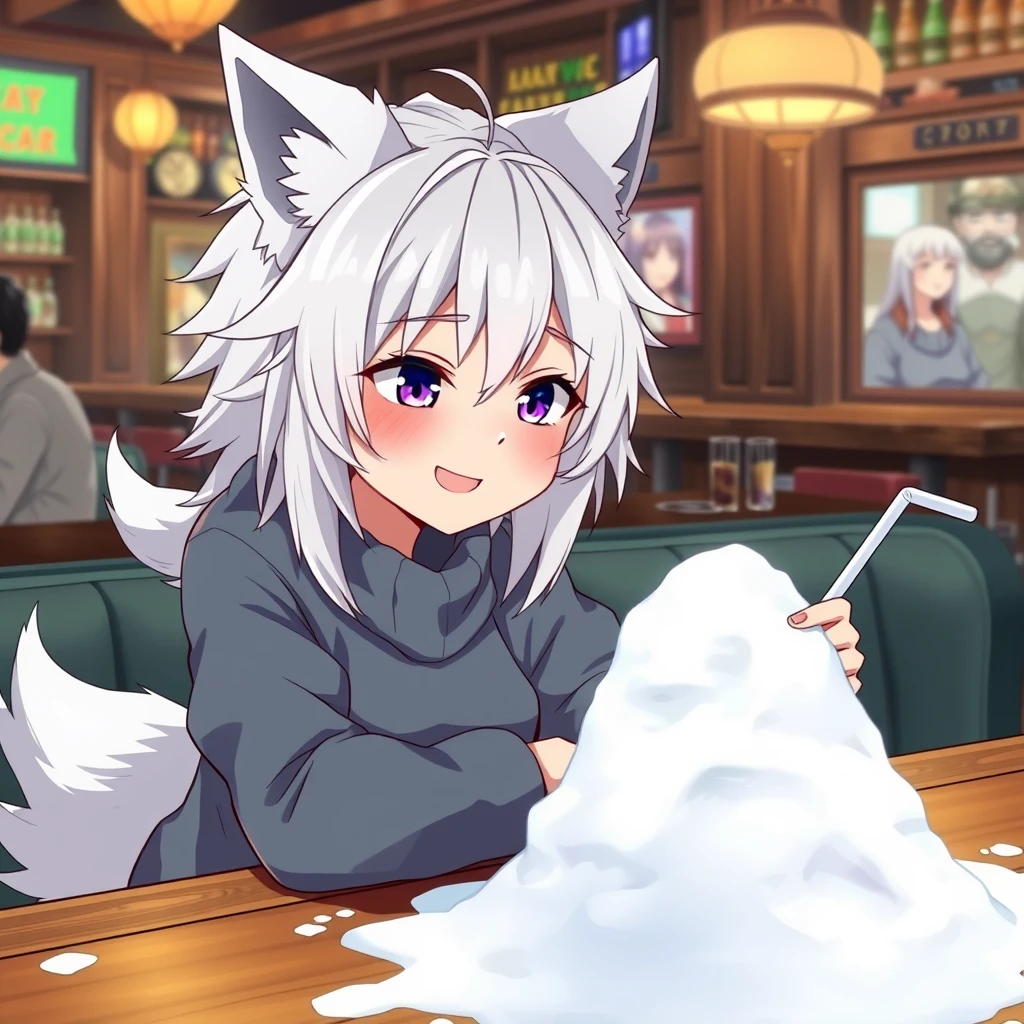 An anime woman with fluffy wolf ears and a fluffy tail, with messy medium-length white hair and purple eyes, is sitting at a table in a bar. On the table is a tiny mountain of snow. The girl looks at the snow with a big crazy smile and has a straw in her right hand.