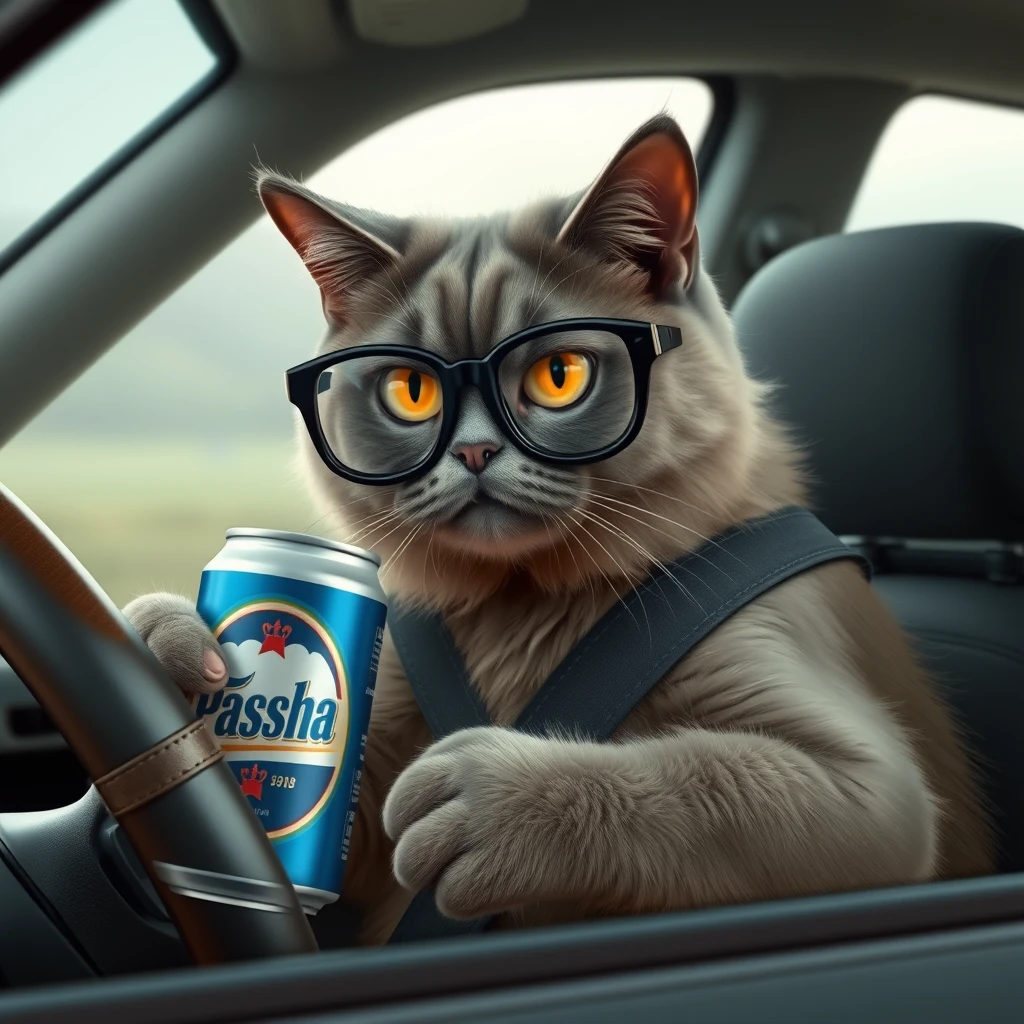 The cat is sitting behind the wheel and holding a can of beer in his hand. And sometimes drinking it. It's a Russian cat. He is a grey cat. His name is Pasha. He has an evil face. He is wearing big black glasses.