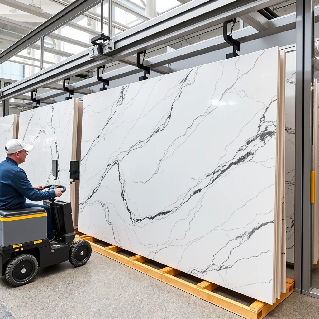 Smart, stylish automated display system that can hold large 4-meter-sized polished marble panels, allowing the panels to be transported to the display area using a combination of overhead rails and automated guided vehicles (AGVs). Upon arrival, the panels automatically arrange into multiple sets of L-shaped bookmatch format for the best viewing experience in a professional and cheerful setting. - Image