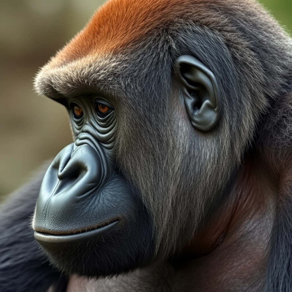 gorilla, close up, human haircut, on side of the head shaved - Image