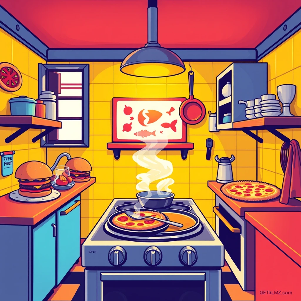 A cartoon-style game poster with a warm yellow kitchen, featuring burgers, pizzas, and fish soup on the stove. The design uses large color blocks and vivid colors inspired by Roy Lichtenstein, with a pop art flair. The poster includes bright colors, deep focus, and high resolution for a fun and exciting look.