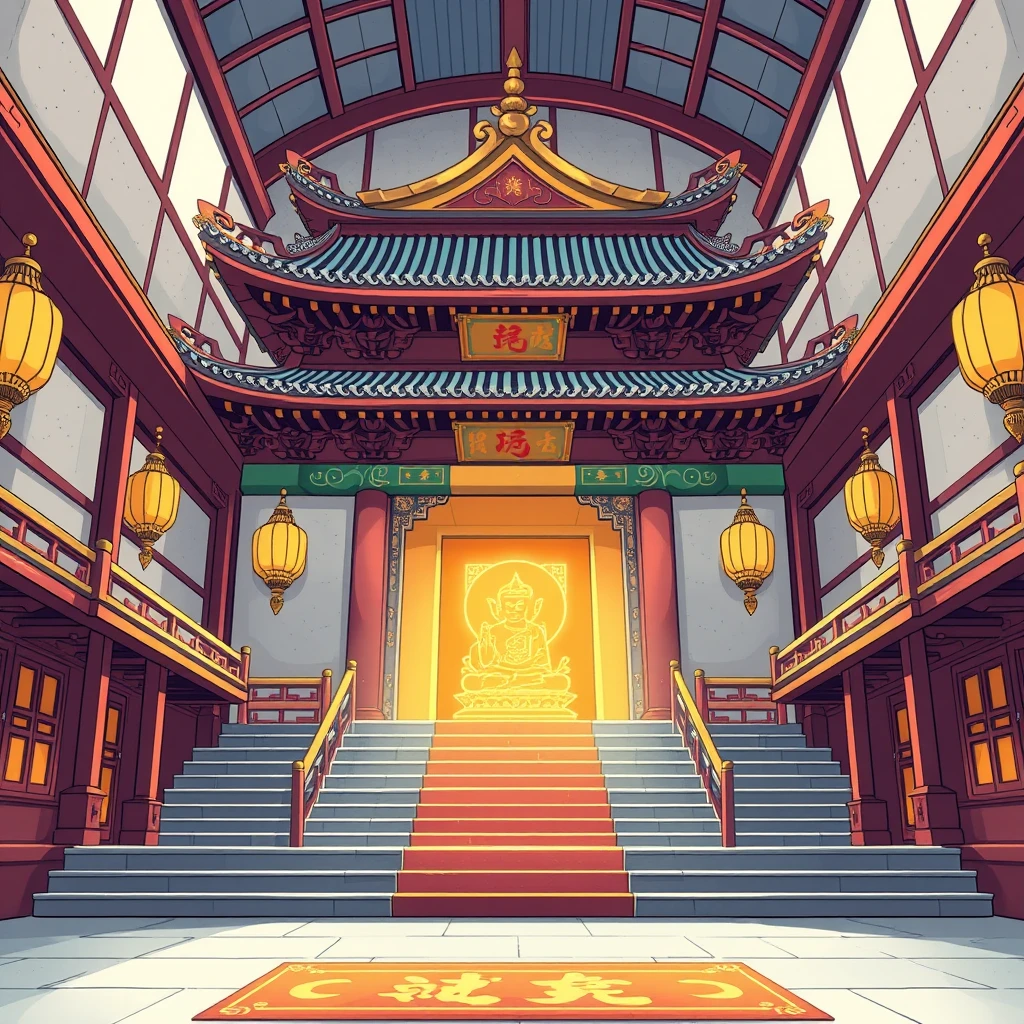 Cartoon style, minimalism, Japanese animation, high-definition 4k, rich details, indoor, Chinese architecture, hall, palace, Buddhist temple, sacred, steps, hall, golden jade brilliance.