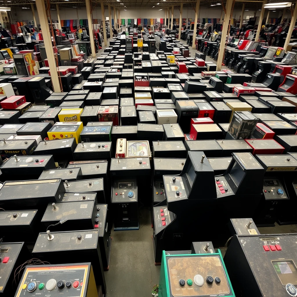 Photograph of an old warehouse with rows and rows of old arcade machines. The machines are packed in. All standup style machines and colors of machines. Some taken apart with wires. Dust on the machines. Many of the machines are black, but some are other colors. They have control panels with joysticks and buttons. The photo is taken from above, looking down. - Image