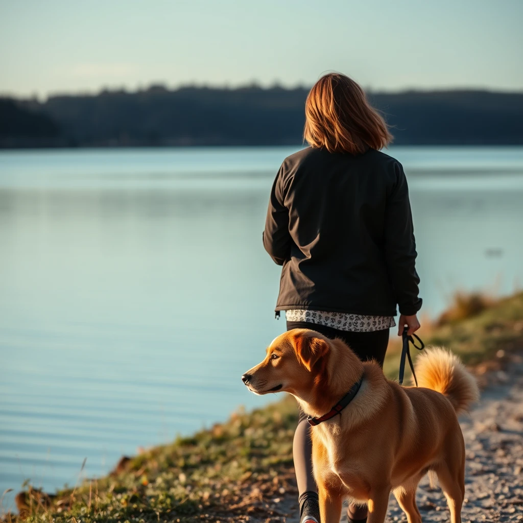 A woman walked her dog by a lake. - Image