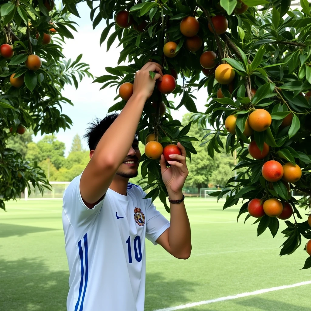 A picture of Lautaro Martinez picking fruits from a tree in the middle of a soccer field. - Image