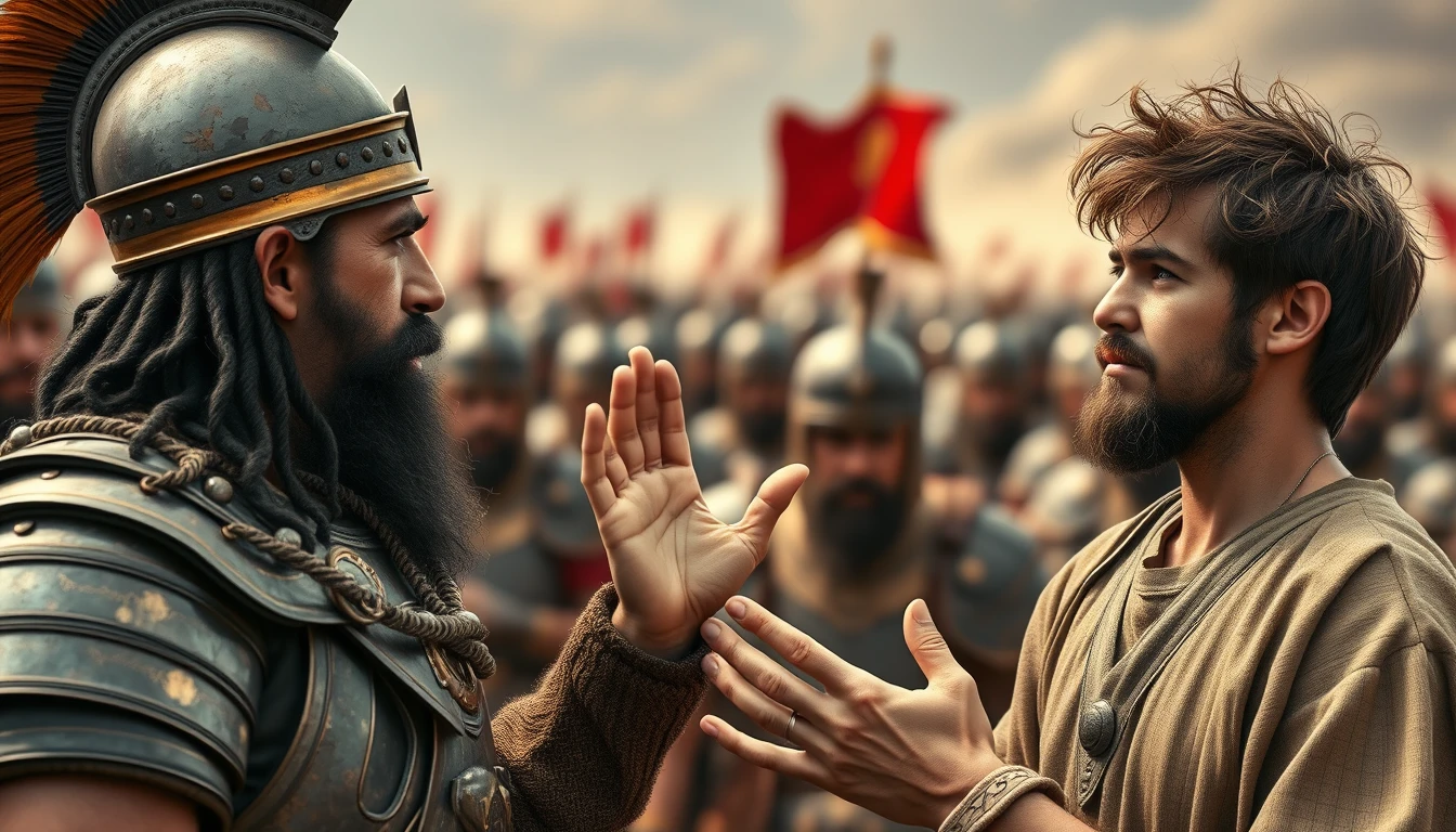 Create an image of two men arguing while onlookers crowd around. The man on the right is a young man with messy unkempt hair and a short beard, wearing just a simple biblical-era shepherd’s tunic. His face is frowning as he looks intently into the eyes of the man he is arguing with, gesturing with his right hand, palm facing skyward, as if he is explaining something to a middle-aged Mesopotamian king. The king has a black beard and is wearing a full suit of bronze-age Mesopotamian armor made of laminated strips of bronze, along with a conical helmet that has a pointed tip. The background features a blurred crowd of soldiers also donned in armor similar to that of the king. In the further background, the horizon is marked by a blurred front of a large biblical-era army.