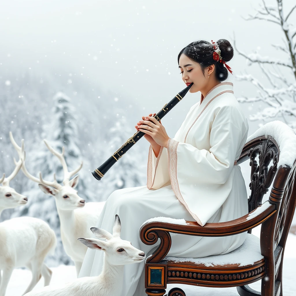 A gorgeous female oboe player in a white hanbok sits on an antique chair at a snow-covered mountain peak, playing the oboe with her eyes closed. Heavy snow is falling around her, with snow-laden trees lining the background. The white deer and hares are around the oboist to listen to the music. It's a serene winter afternoon. Hyperrealistic. - Image