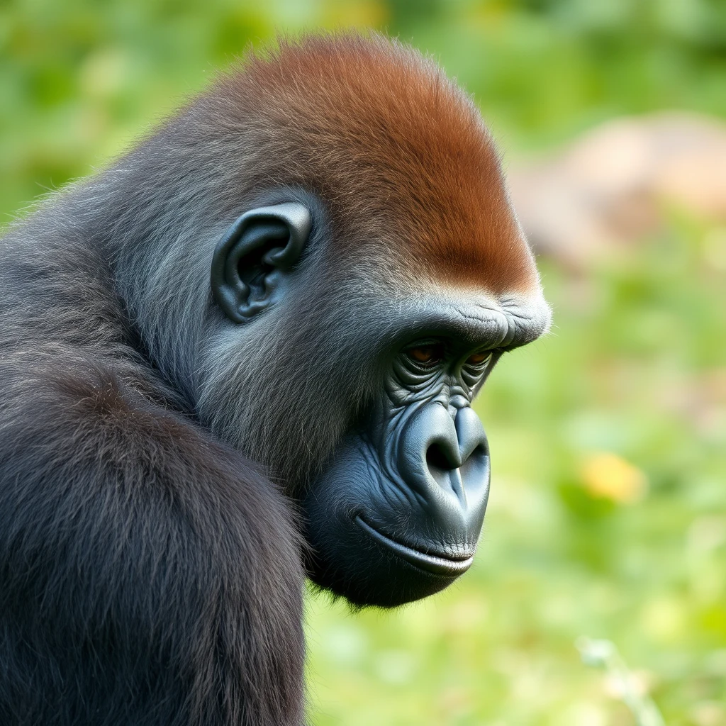 gorilla, close up, shaved side of the head like human haircut