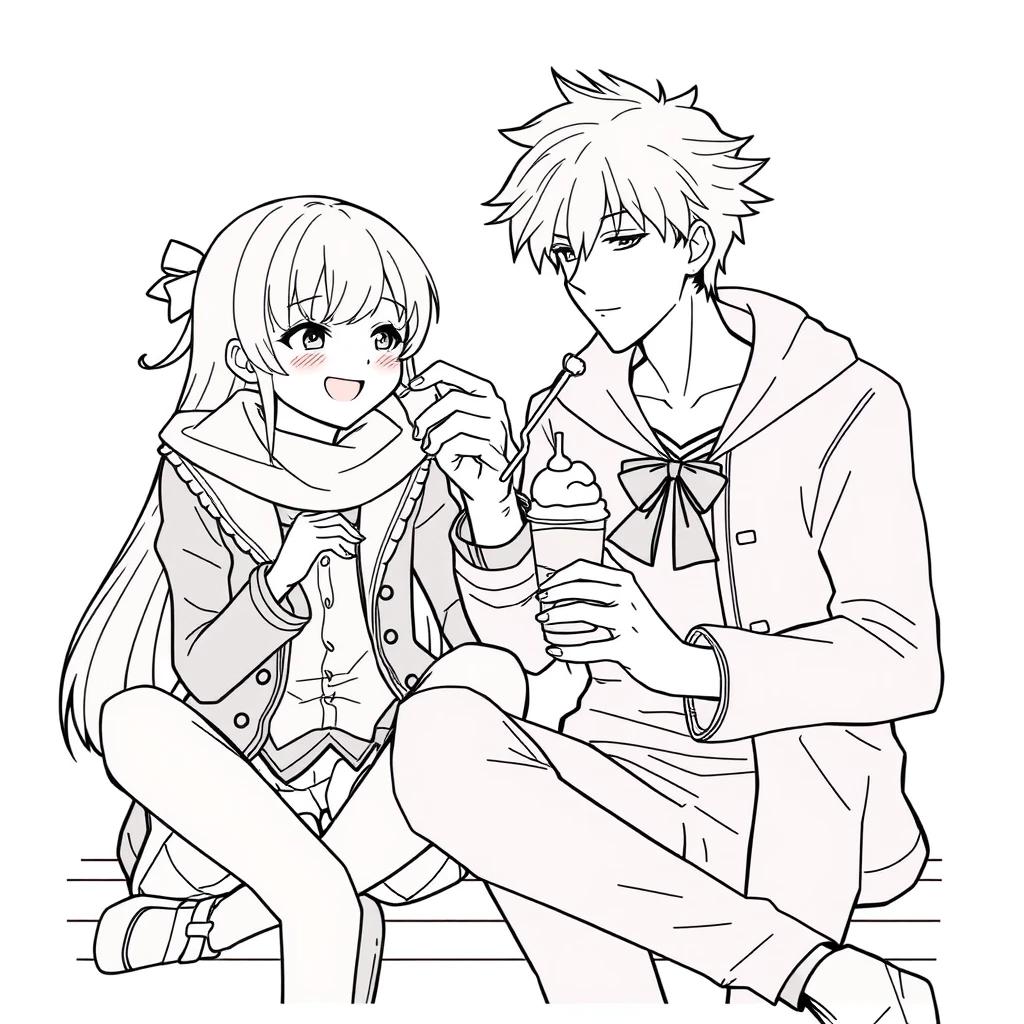 The boy was sitting and gently feeding his girlfriend a cup of ice cream, and the girl, wearing a lovely outfit, looked happy. The boy is tall and handsome. Anime line art.