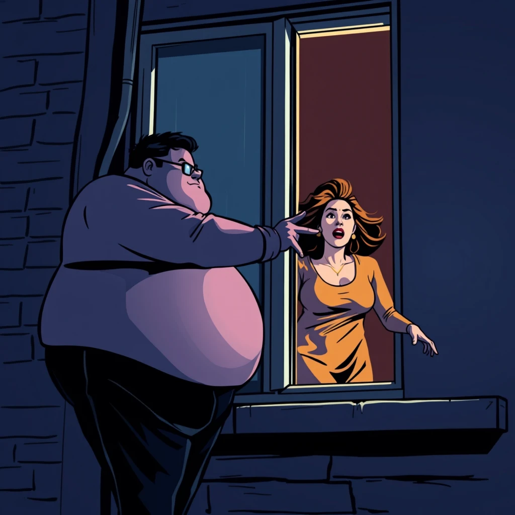 A fat man pushed a woman out the window, and the woman fell out of the window, scared. - Image