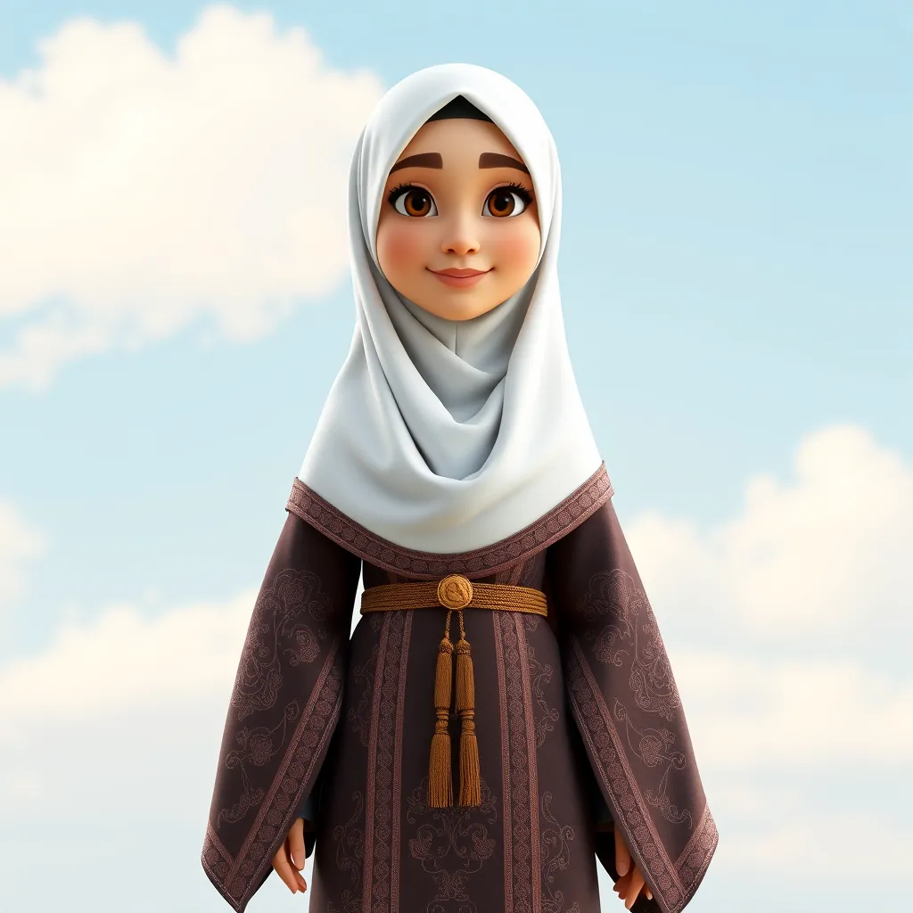 "Create a 3D animated cartoon of a Muslim woman from Palembang wearing a long white gamis. The character should be highly detailed with 8K resolution. Focus on traditional Palembang features and cultural elements."