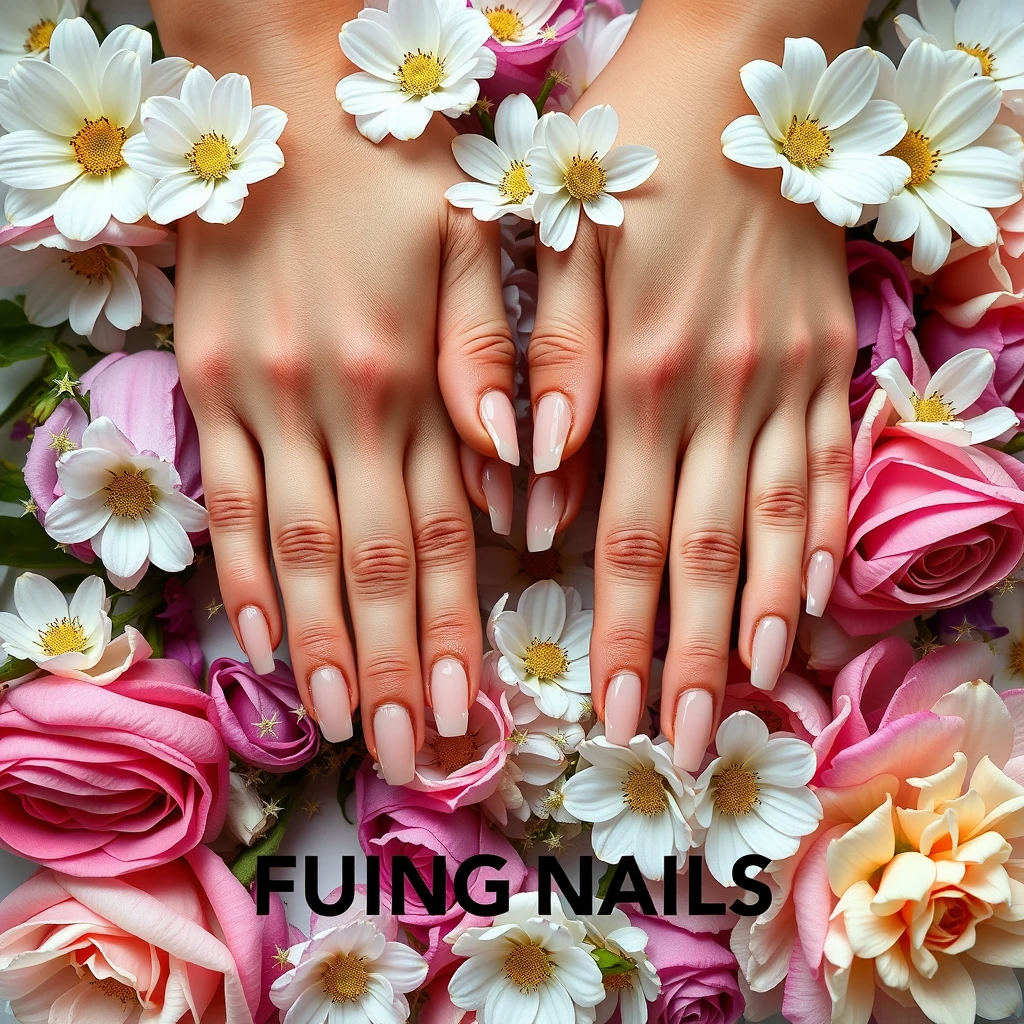 A pair of hands with nude nail art, e-commerce photography, surrounded by flowers, with many stars around the hands, poster design, text message: FUING NAILS - Image