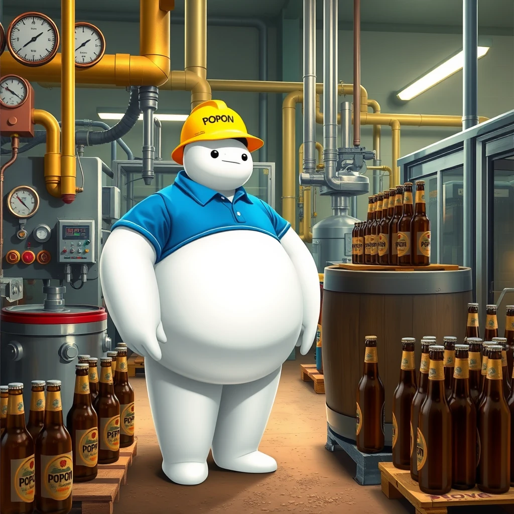 Baymax in a beer bottling plant surrounded by machinery, a barrel, gauges, measuring instruments, pallets, bottles of beer, dressed in a blue polo shirt, blue jeans, and a yellow helmet that has the word POPON written on it.