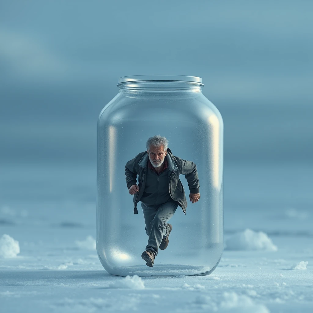 In the icy world, there is a transparent sealed glass jar. Inside the jar, a despondent middle-aged man is running helplessly. - Image