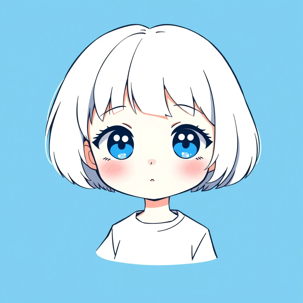 A cute little girl with short white hair, blue eyes, round face, bangs, wearing a white shirt, comic style, minimalist style, clean blue background. - Image