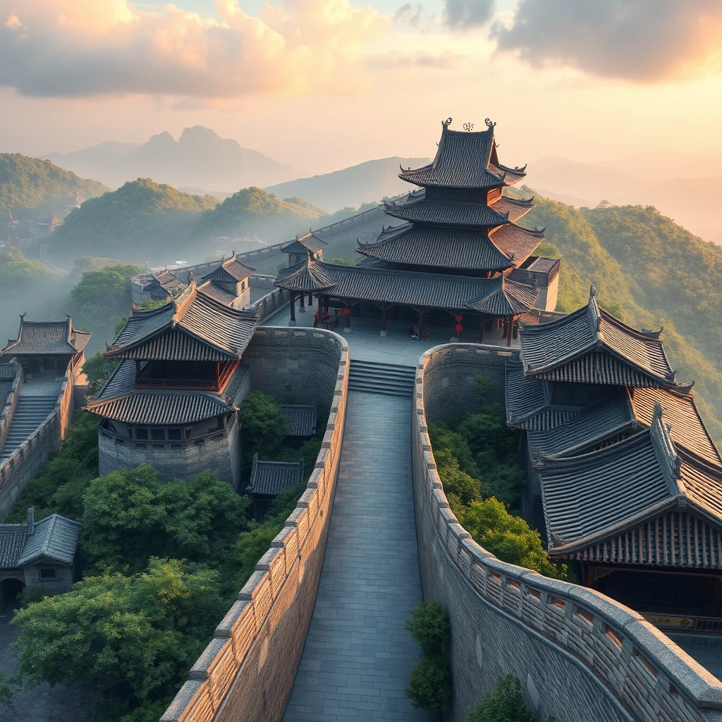 Ancient Chinese architecture, city wall, top view, vertical perspective, animation style, thick coating, national style game style.