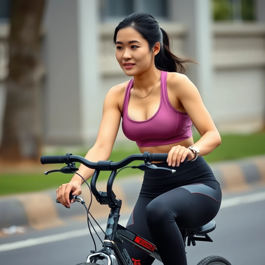 A Chinese woman riding a bicycle, wearing yoga pants and a sports bra.