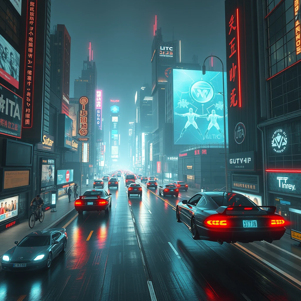 Futuristic neon-lit metropolis at night, with flying cars and holographic billboards. - Image