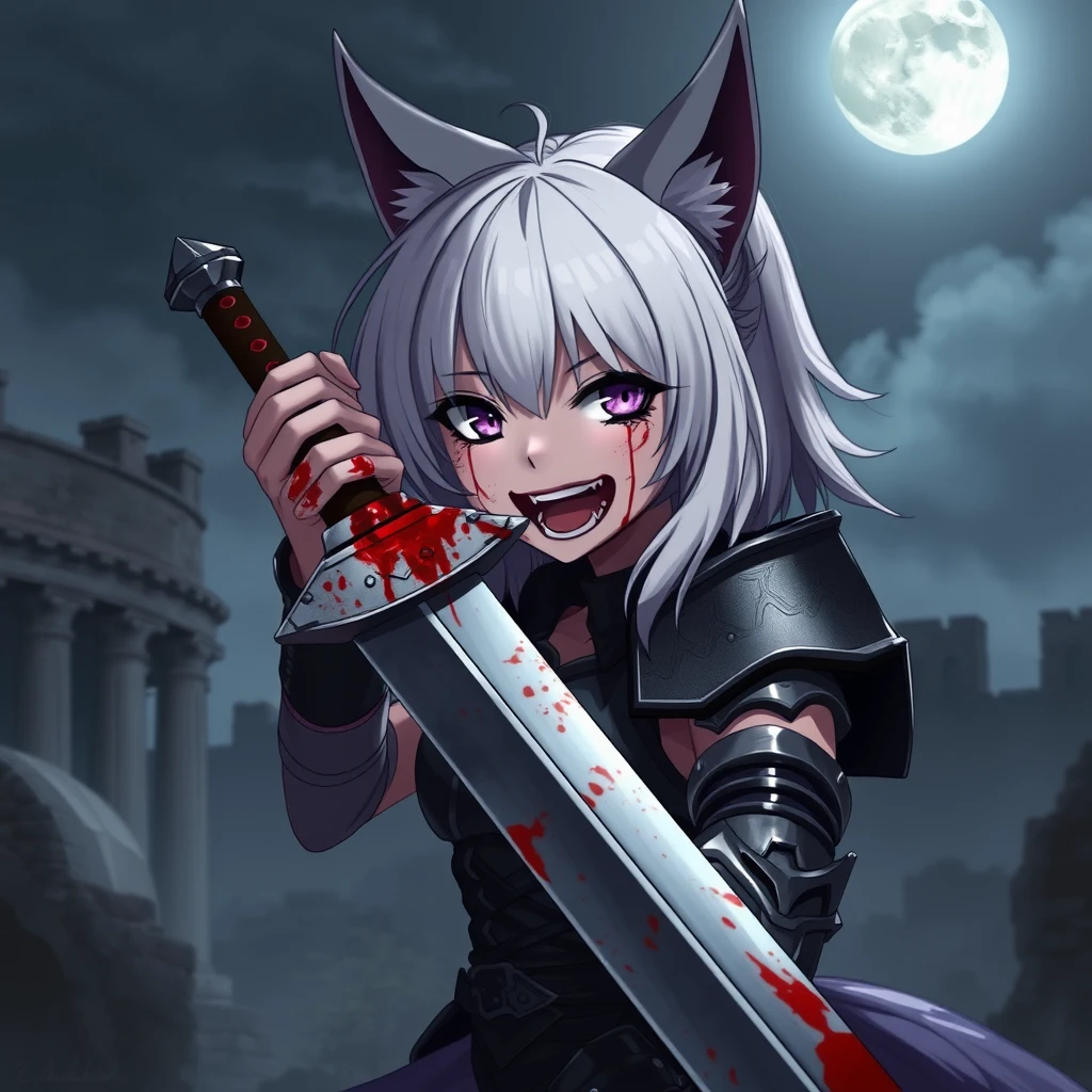 Anime girl with fangs and medium white hair, wolf ears, and a tail, with purple eyes and an evil grin, blood on her face, holding a sword in her right hand. The sword is drenched in blood. The girl is wearing armor. Old ruins can be seen in the background; it is dark and foggy. In the sky, there is a full moon. Dramatic, dynamic, cinematic.