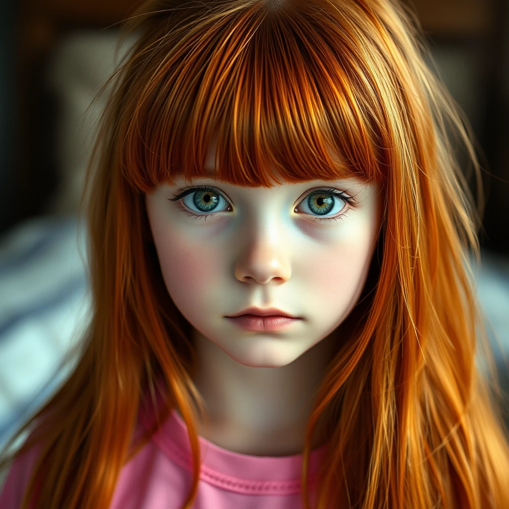 Beautiful redhead girl with bangs, green eyes, long hair, pink cute clothes, mentally ill.