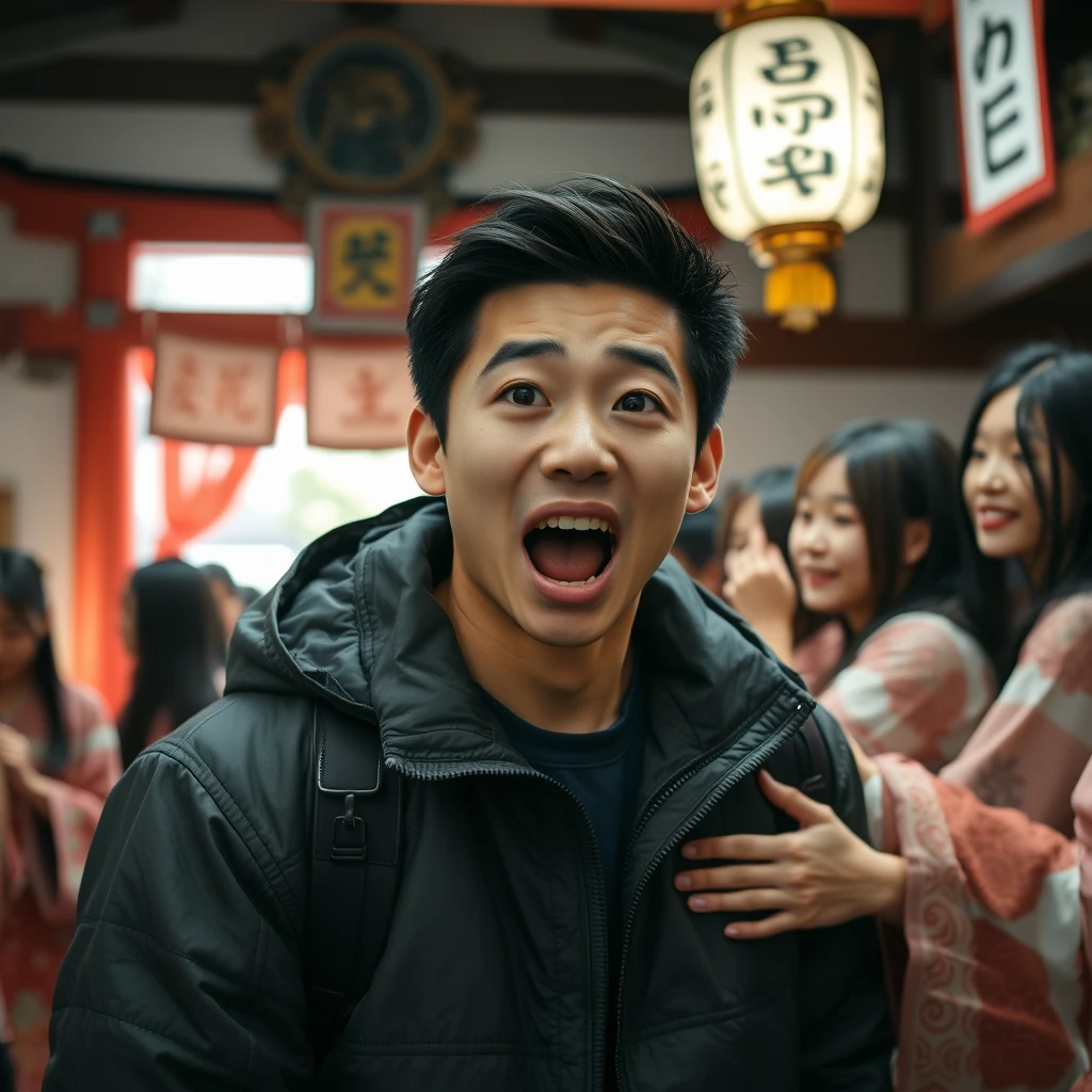 A young Asian man in a jacket is indoors at a Japanese shrine, looking surprised and screaming with streaming tears. He looks at the viewer while being suddenly hugged by many beautiful oirans dressed in oiran clothes who are smiling.