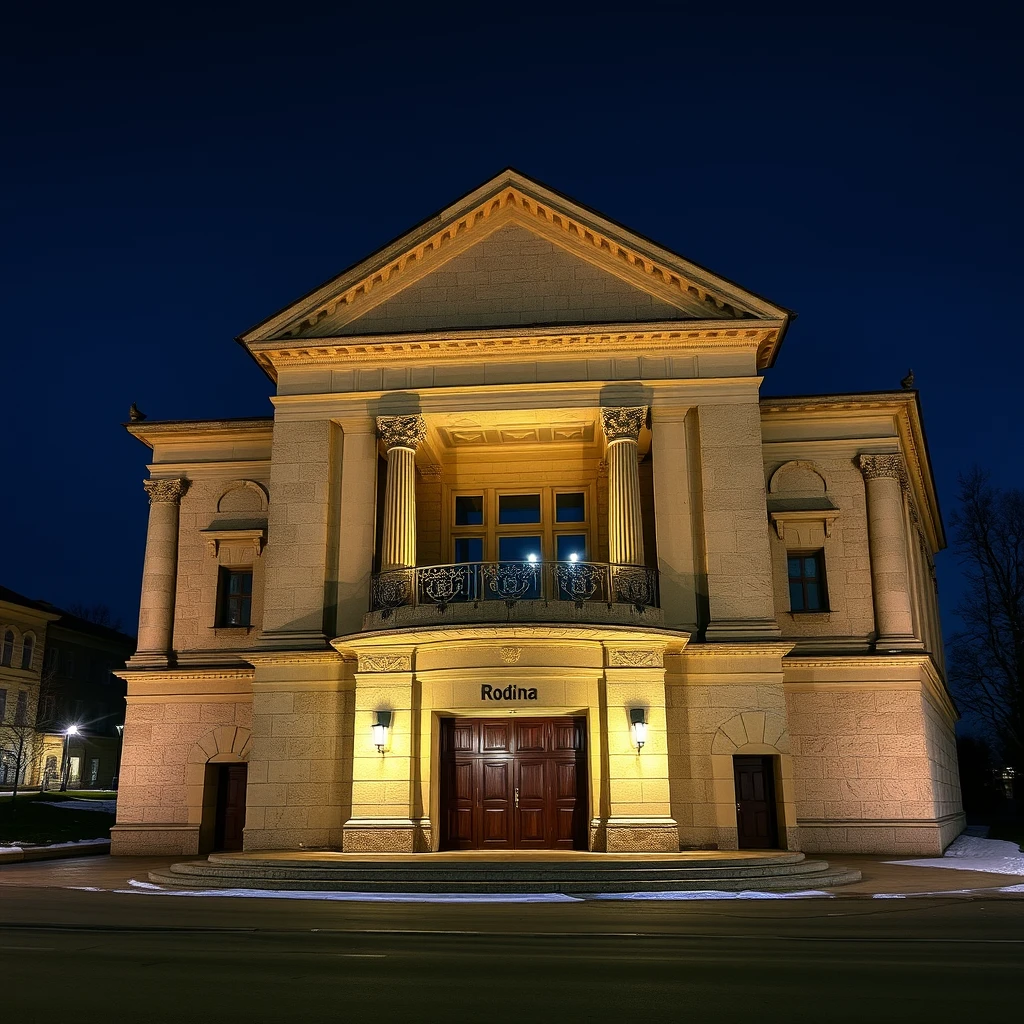 The ancient Roman-looking cinema theatre “Rodina” in Murmansk, Russia. - Image