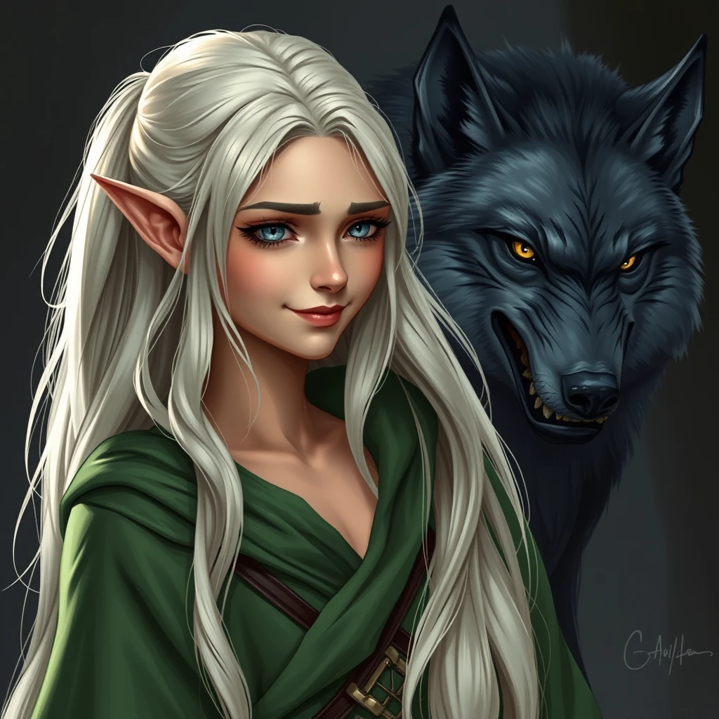 --no cartoon, painting, drawing, animated. only premium portrait photography. ultra realistic. a female elf. platinum blonde hair. happy but tired expression on her face. wearing long green robes. tall and regal. turning into a werewolf. - Image