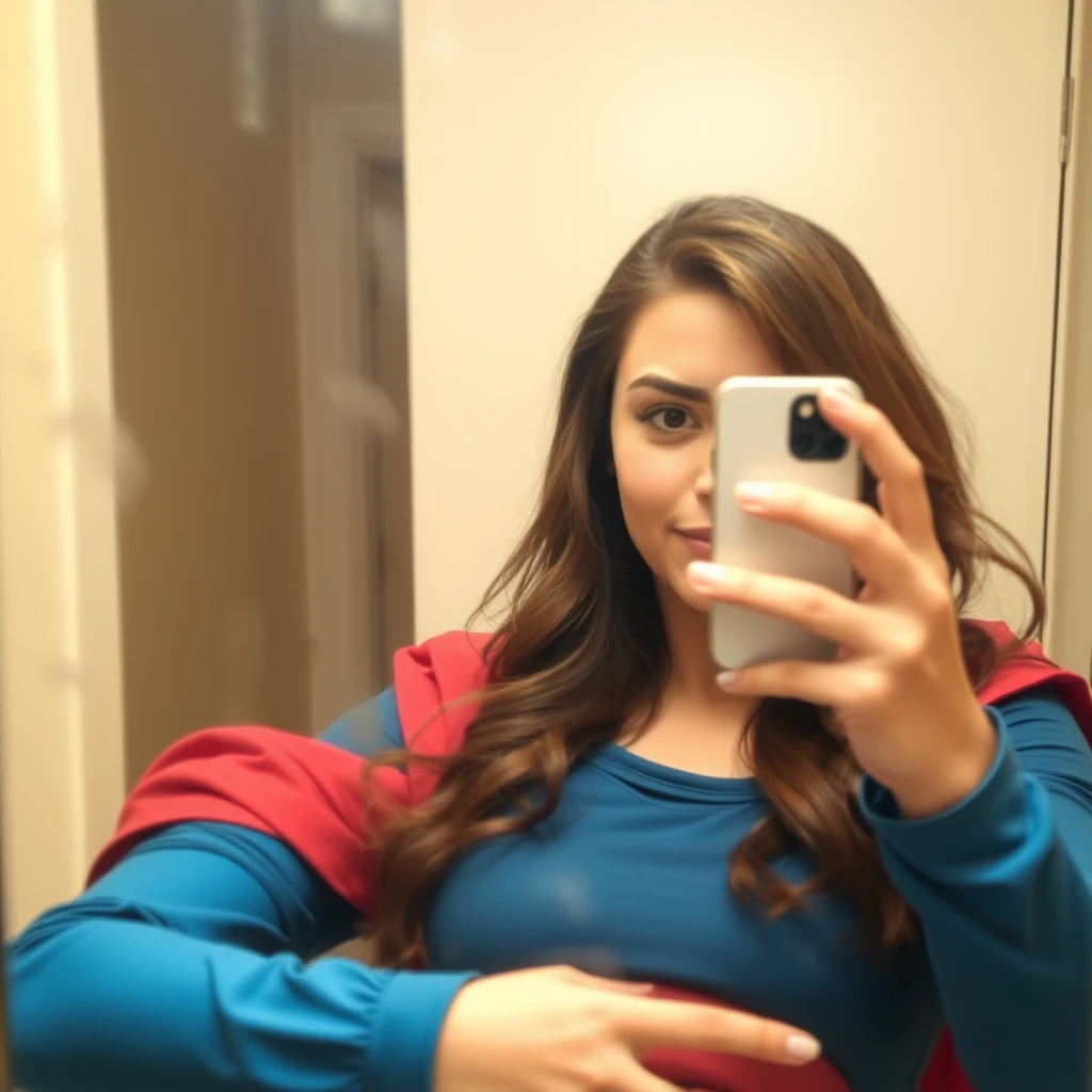 Phone photo: A woman superhero stands in front of a mirror capturing a selfie. The image quality is grainy, with a slight blur softening the details. Her expression is blushing while the old iPhone struggles to focus, giving the photo an authentic, unpolished feel. The mirror shows smudges and fingerprints, adding to the raw, everyday atmosphere of the scene. - Image