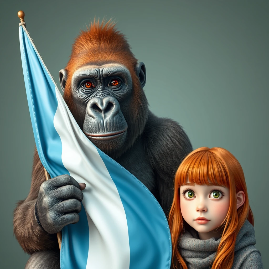 A wild king gorilla holding a three-striped flag colored light blue, white, and light blue next to a cute ginger-haired teenage girl from Russia with green eyes and bangs.