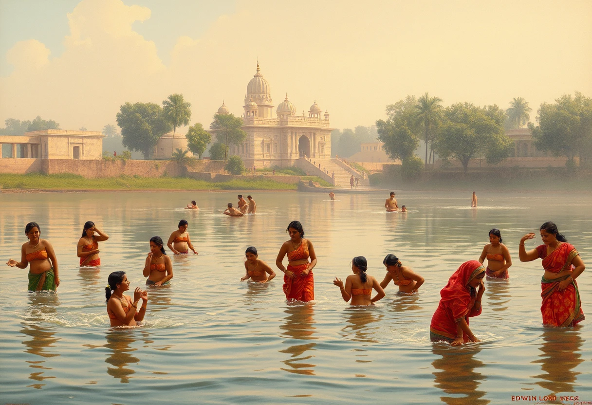 large group of Indian women bathing in river with a temple in background, Art by Edwin Lord Weeks